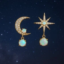 Anthropologie Moon Star Earrings Moonstone Mismatch Gold Celestial CZ Iridescent