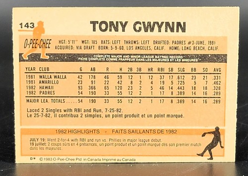 1983 O-Pee-Chee #143 Tony Gwynn RC - Picture 2 of 2