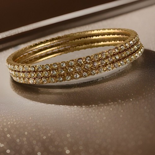 VTG Art Deco Nouveau 3 Czech Crystals GP Bangles Bracelets Retro Set Plus XL SZ - Picture 4 of 5