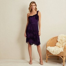 Evening Glam Midi Dress Purple Silk Blend Shift Sleeveless Zip Ruffles S
