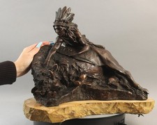 Antique CARL KAUBA Western American Indian Chief Hunter Bison Bronze Sculpture