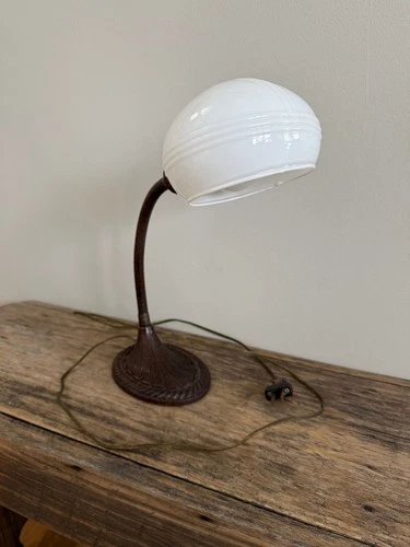 Antique Eagle Gooseneck Desk Lamp with Rare Milk Glass Shade