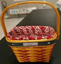 Longaberger 2001 Inaugural Basket w/Handle+Fabric Line+Protector Tan Red Blue