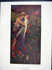 Original Old Antique Print C1910 Colour Lady Man Romance Flowers Walker 20th