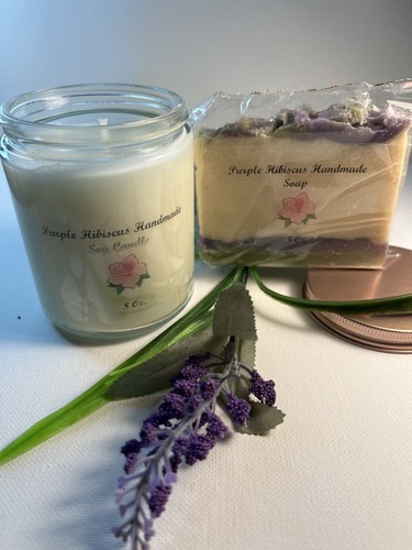 Handmade Soap Shea Butter, Olive oil  5 Oz. 8 Oz. Soy Candle, Hibiscus fragrance - Picture 1 of 9