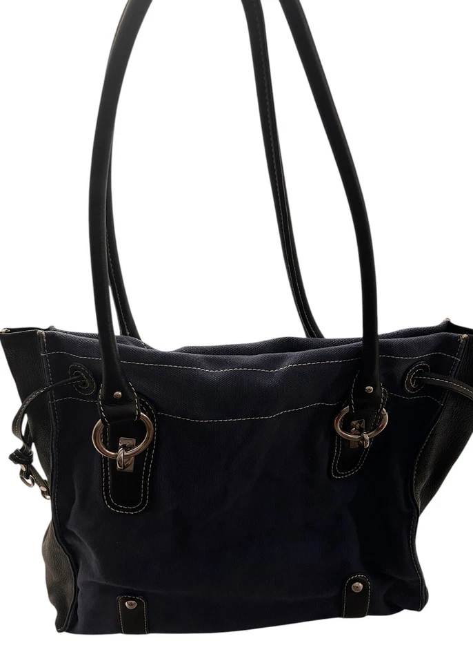 CLARKS холст кожаная сумка с короткими ручками сумочка темно-синий с черной кожей S6 - Изображение 3 из 4