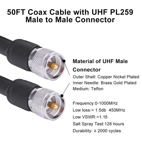 Weatherproof 50ft PL-259 Coax Cable - Heavy Duty UHF Male Connector for Radios - Picture 4 of 8