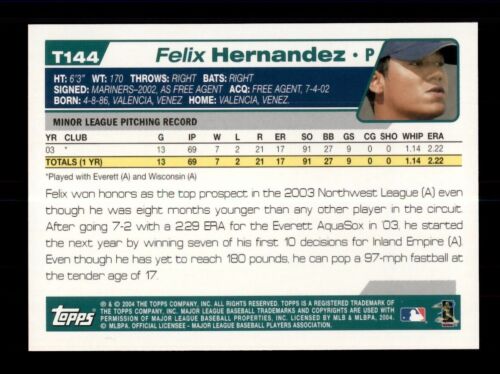 Topps Traded & Rookies #T144 2004 Felix Hernandez novato radiocontrol Seattle Mariners - Imagen 2 de 2