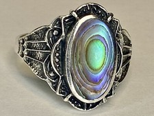 Vintage Sterling Silver Paua Shall Abalone Hand Detailed Ring Size 9