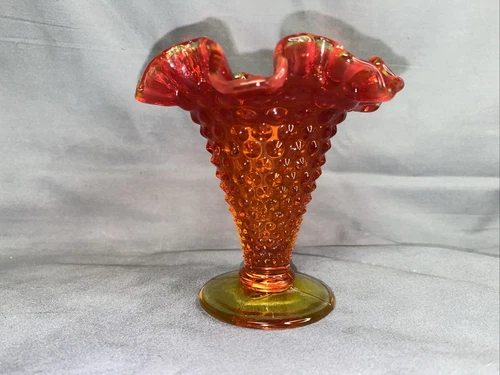 Fenton Amberina Hobnail Glass Bud Vase Crested Ruffle Top 3 3/4” Vintage Retired