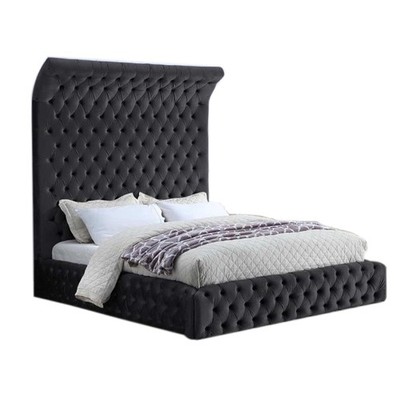 Yafa Velvet Queen Modern Bed Luxurious Platform Tall Headboard Low Profile Black