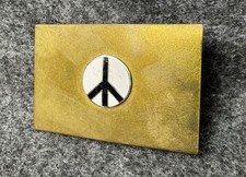 Vintage Solid Brass Belt Buckle w/ Enamel Black White Peace Sign Medallion
