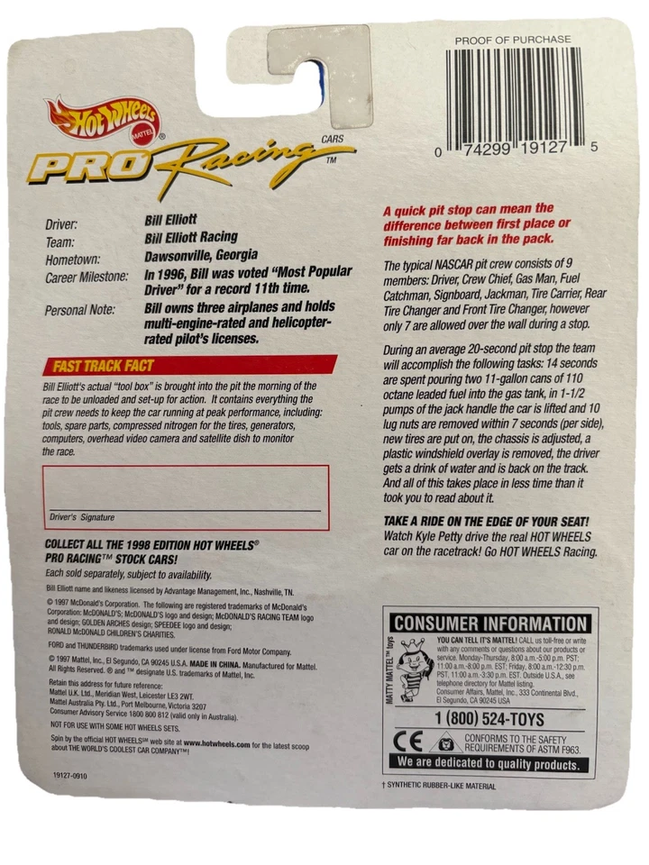 1998 Hot Wheels Pit Crew 1:64 Билл Эллиотт No94 McDonalds Ford Thunderbird НОВЫЙ - Изображение 3 из 4