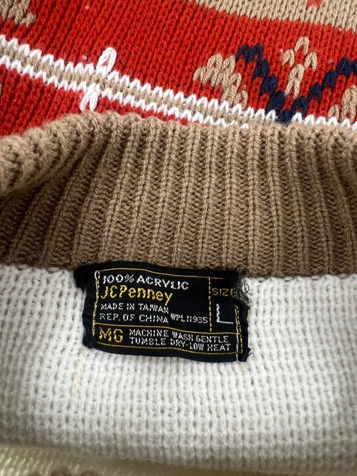 Suéter De Colección JCPenney L Nordic Fair Isle Tejido Marrón Rojo 100% Acrílico Feo Años 80 Foto 3 de 4