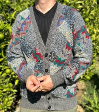 Rare 1994 Missoni Cardigan 3D Knit Rainbow Waves Retro Sweater Jeresy Size M