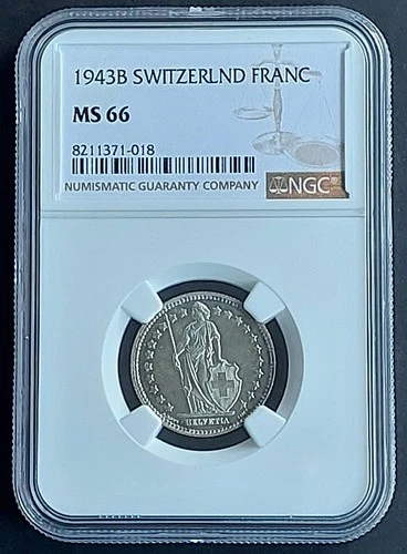 1943 B  Switzerland Franc, NGC MS 66, nice  silver coin        #1998, # 65-8