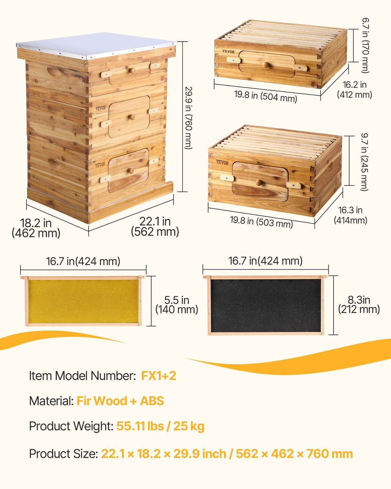 VEVOR Bee Hive 30 Frame Bee Hives Starter Kit, Beeswax Coated Fir Wood, 2 Deep +
