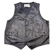 Vintage Sears The Leather Shop Vest Mens 44 Black Leather Button Front Western