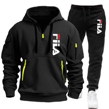 2pcs Men's Winter Hooded Sweatshirt Casual Pants Set Multi-Pocket Pullover