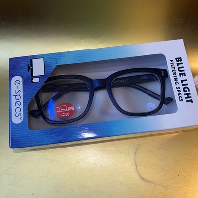e-specs BLUE LIGHT Filtering Specs Reading Glasses +2.00 CHROME BLUE nice 