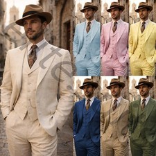 Linen Men's Suit Wedding Tuxedos Summer Beach Outdoor Casual Coat Pant Vest 3pcs