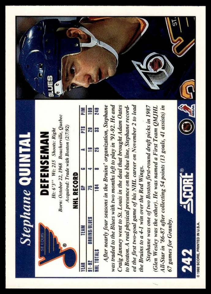 1992-93 Score #242 Stephane Quintal - Image 2 of 2