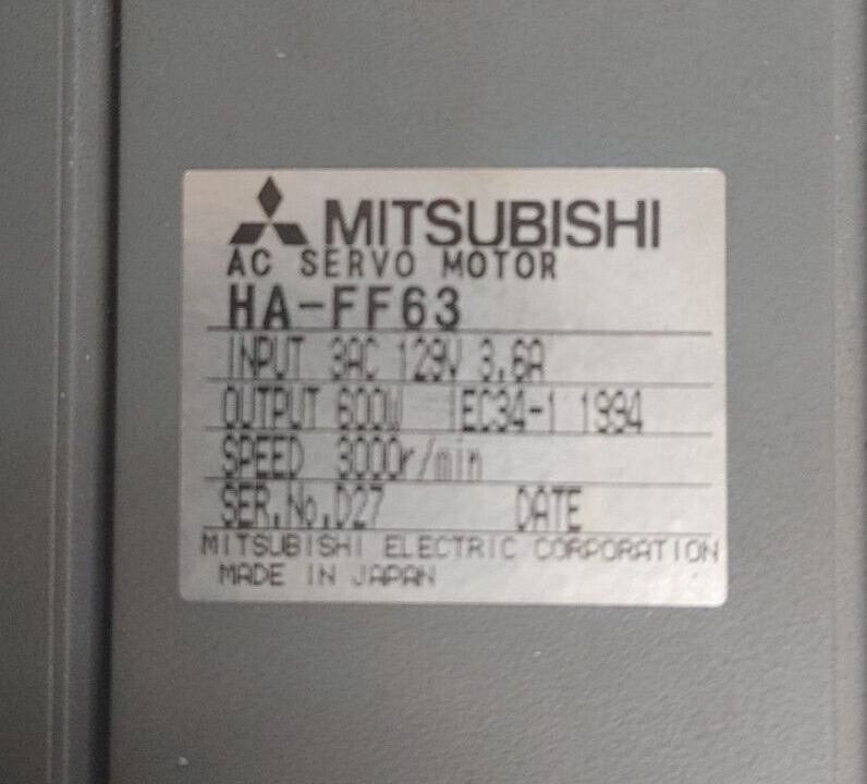 MITSUBISHI HA-FF63 AC SERVO MOTOR 3PH 130V 3.6A 600W 3000RPM MITSUBISHI HA-FF63 AC SERVO MOTOR 3PH 130V 3.6A 600W 3000RPM