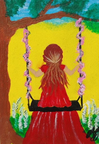 ACEO Original Acrylic Painting A GIRL SWING Miniature Art Card New - Afbeelding 1 van 5