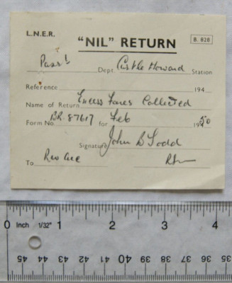 1950 unbenutzt London & North Eastern Railway Nil Return Castle Howard Übertarife
