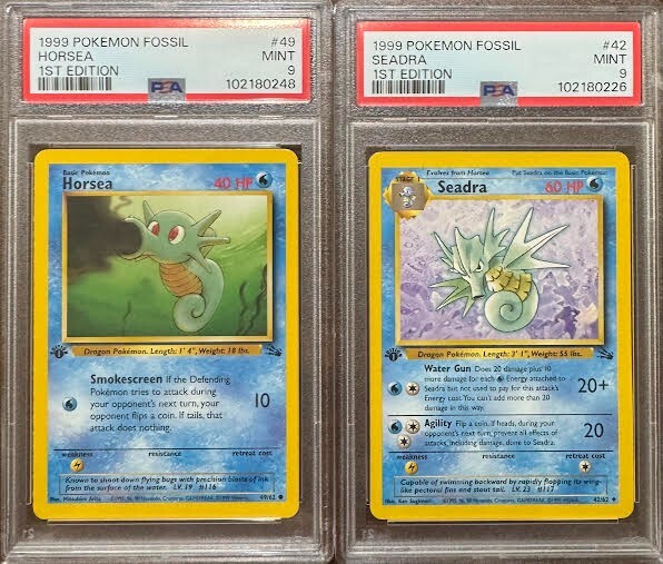 PSA 9 1st Edition Fossil Pokemon Card Lot - Horsea 49 & Seadra 42 Mint Vintage