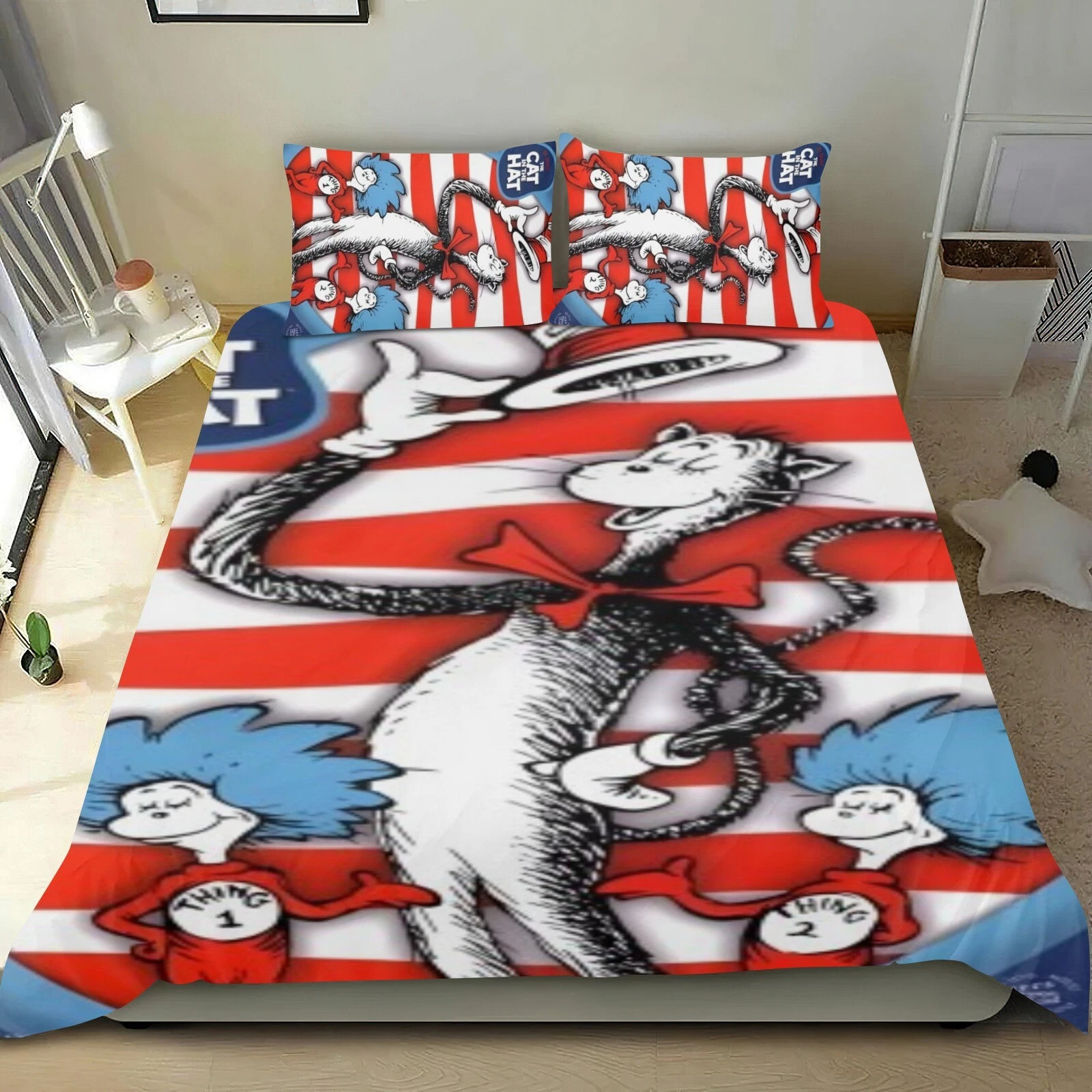 3-Piece Cat in Stovepipe Hat Bedding Set All Season Kids Bed Cover Set