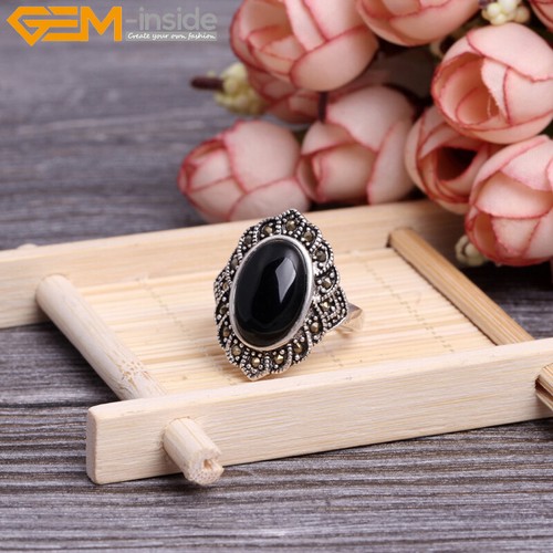 Natural Oval Gemstone Charm Rings Tibetan Silver Marcasite Jewelry Women Gift - Picture 27 of 32