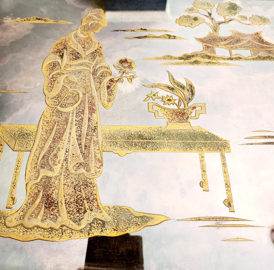 Franz Grosz 1960s Glass Etch Asian Art MCM Silver Mirror Framed Lighting BRCT - Image 2 of 4