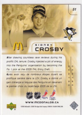 2005-06 UD Mcdonalds Sidney Crosby Rookie Card #51 Pittsburgh