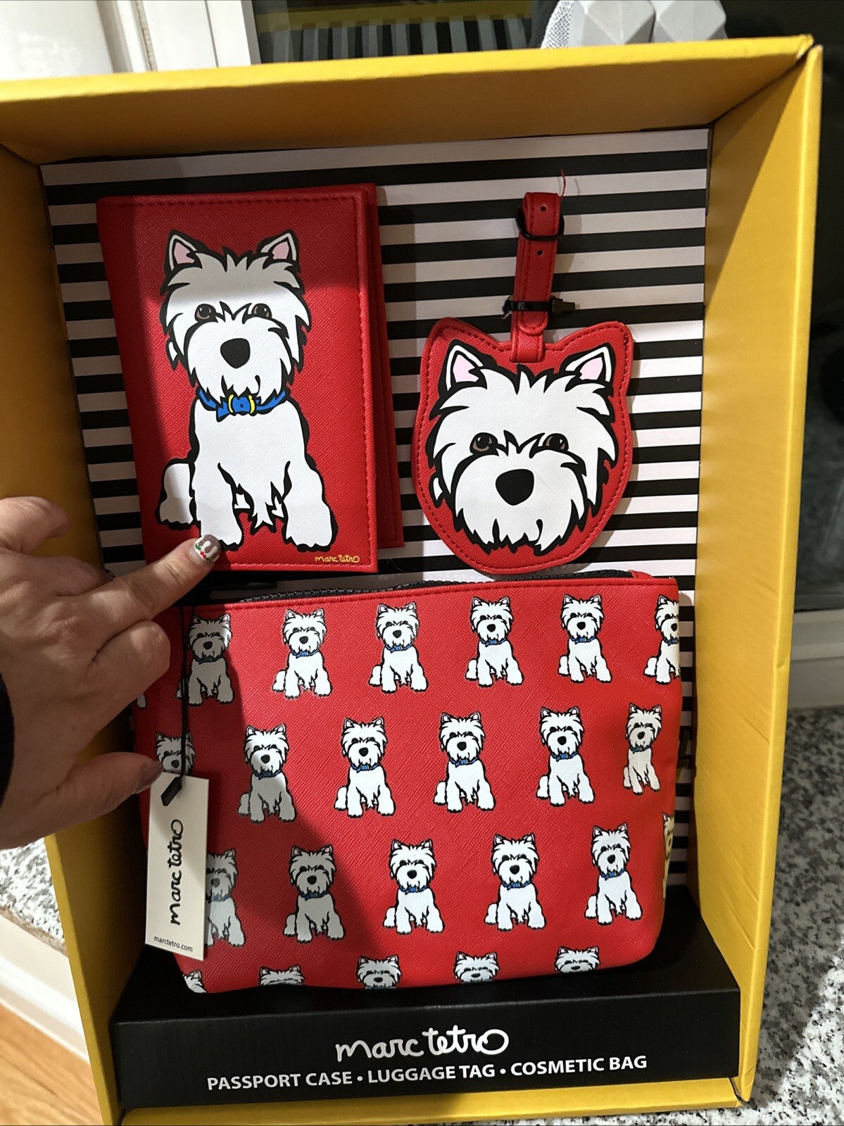 Marc Tetro 3-Piece Travel Set with Cosmetic Bag Luggage Tag and Westie Passport Holder