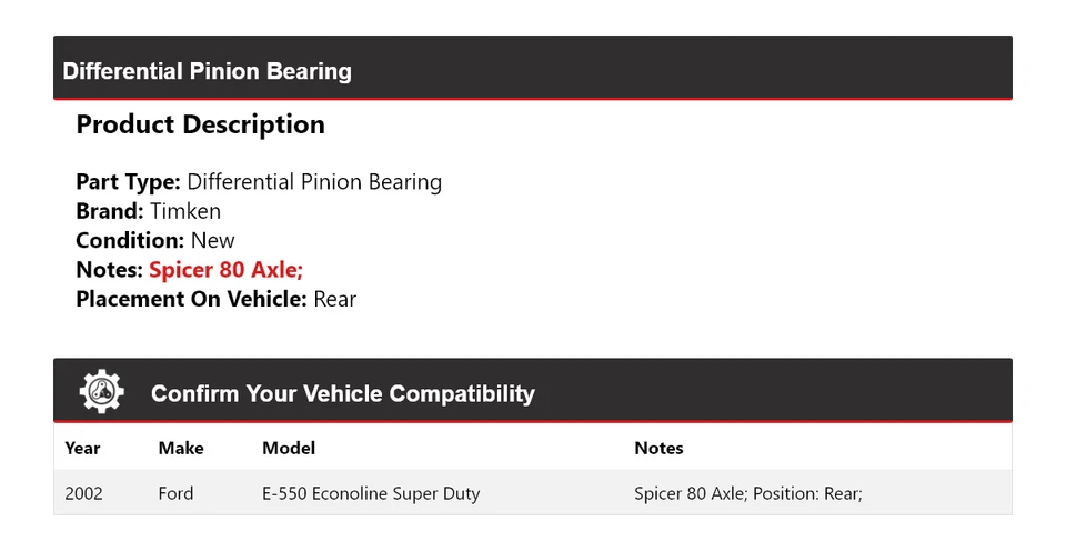 Cojinete de piñón diferencial Timken trasero para Ford E-550 Econoline Super Duty 2002 Foto 2 de 4