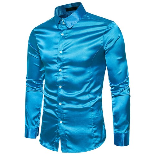 Men Satin Silk Shirt Casual Slim Wedding Party Dress Long Sleeve ButtonDown To ☊ - Picture 9 of 22