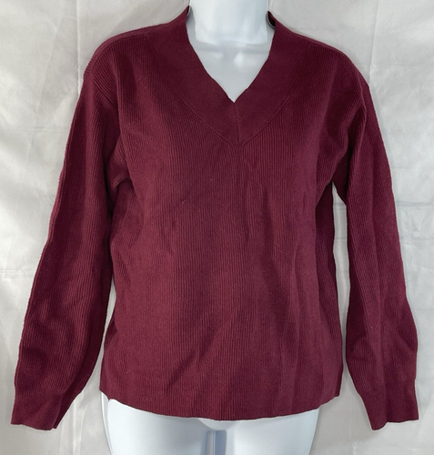Nine West Women's V-Neck Sweater Fig Burgundy LS Knit Ribbed Sweater Size XS NWT - Picture 2 of 8