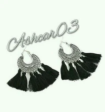 Anthropologie Urban Trend Black Silver Boho Tassel Fringe Earrings Dangle Drop