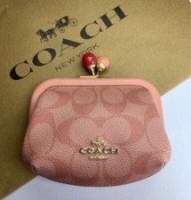 COACH Pink Signature Logo Purse Coin Case Kiss Lock Rare New