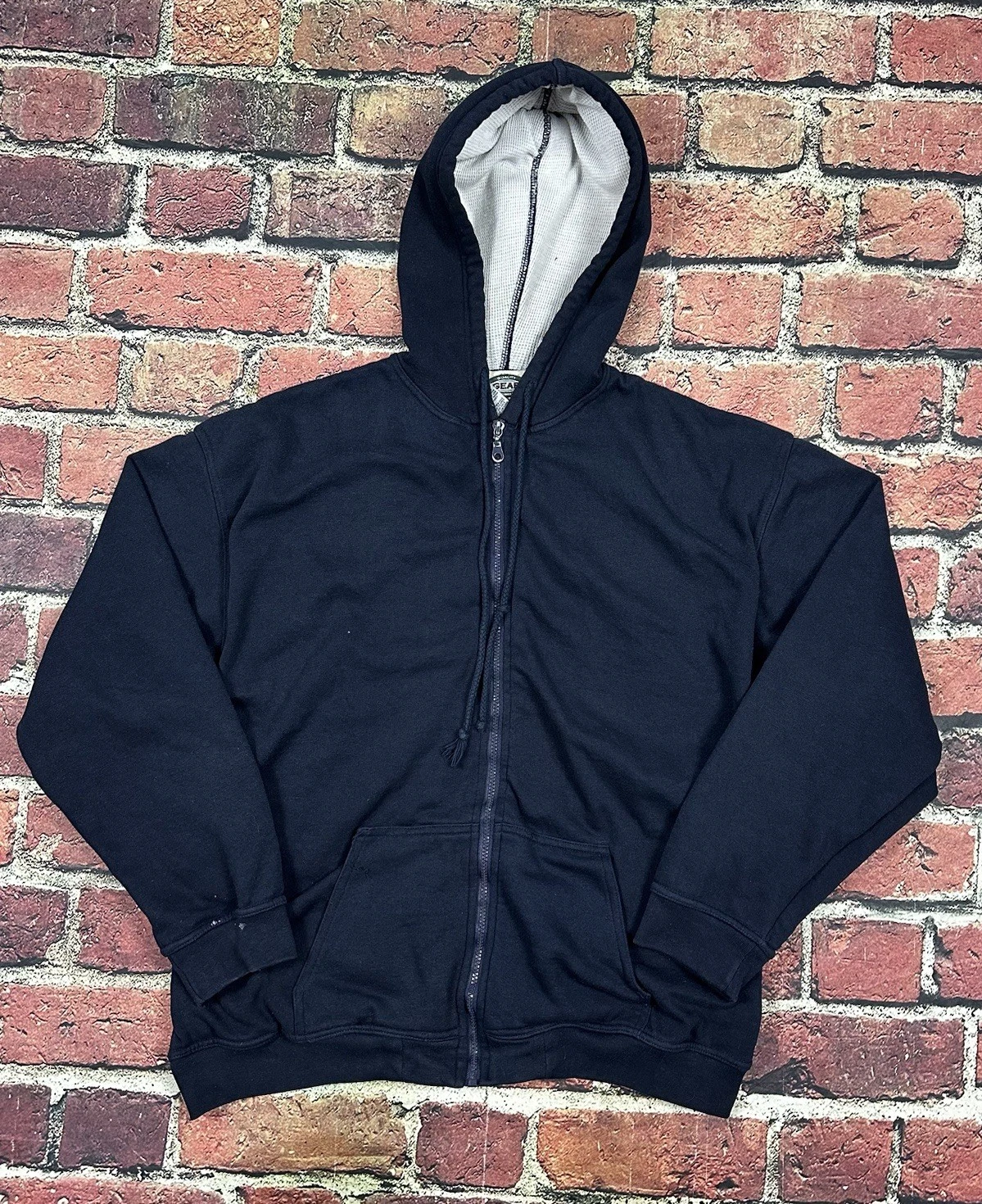 Vintage Navy Blank Zip Up Hoodie Thermal Lined Sweatshirt Y2K Men’s XL