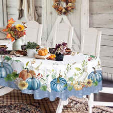 Oval Fall Tablecloth,Thanksgiving Autumn Harvest Blue Pumpkin Sunflower Maple Le