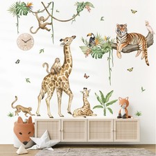 Large Jungle Animal Tree Branch Wall Stickers Safari Giraffe Tiger Monkey Pee...