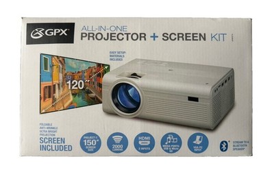 120  GPX All-IN-ONE Movie Projector, Projector Screen Included, NEW Open Box