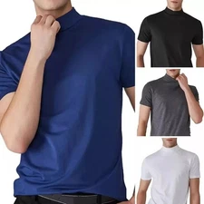 New Men Short Sleeve Slim Fit Stretch T-shirt Mock Neck Turtleneck Pullover Tops
