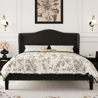Queen Size Velvet Platform Bed Frame with Elegant Wingback Headboard, Modern ...