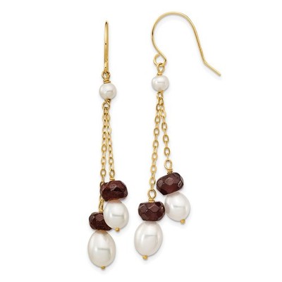 14 Karat Gelbgold 6-7 mm Perle und Granat Doppelkette Ohrhänger & Ohrhänger