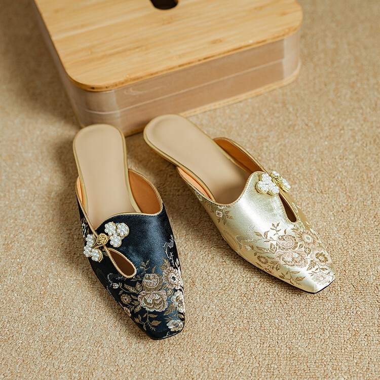 PANTOFOLA D’ORO Ciabatta donna punta quadrata tacco spesso stile cinese fibbia retrò piatta mezza trazione