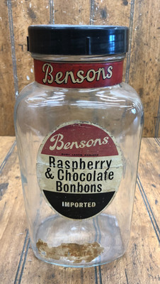 Vintage Bensons Raspberry & Chocolate Bonbons Heavy Glass Candy Jar w/Lid 11-1/2
