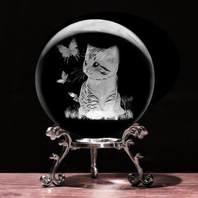 3D Cat Crystal Ball with Stand Lase Engraved Glass Sphere Paperweight Cat Decor